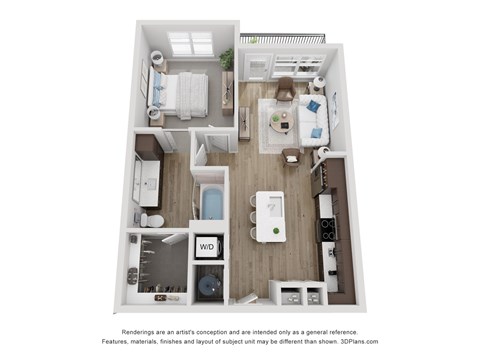 A 3D floor plan of a small apartment with a kitchen, living room, and bathroom.